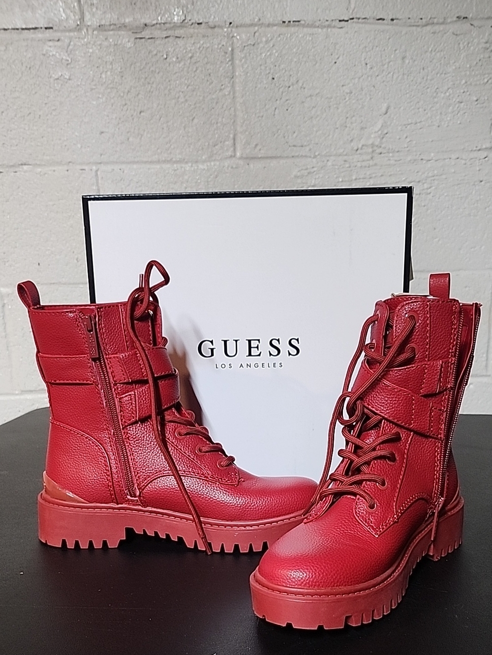 Guess Women's Orana Medium Red Lace-Up Combat Boots with Lug Sole
